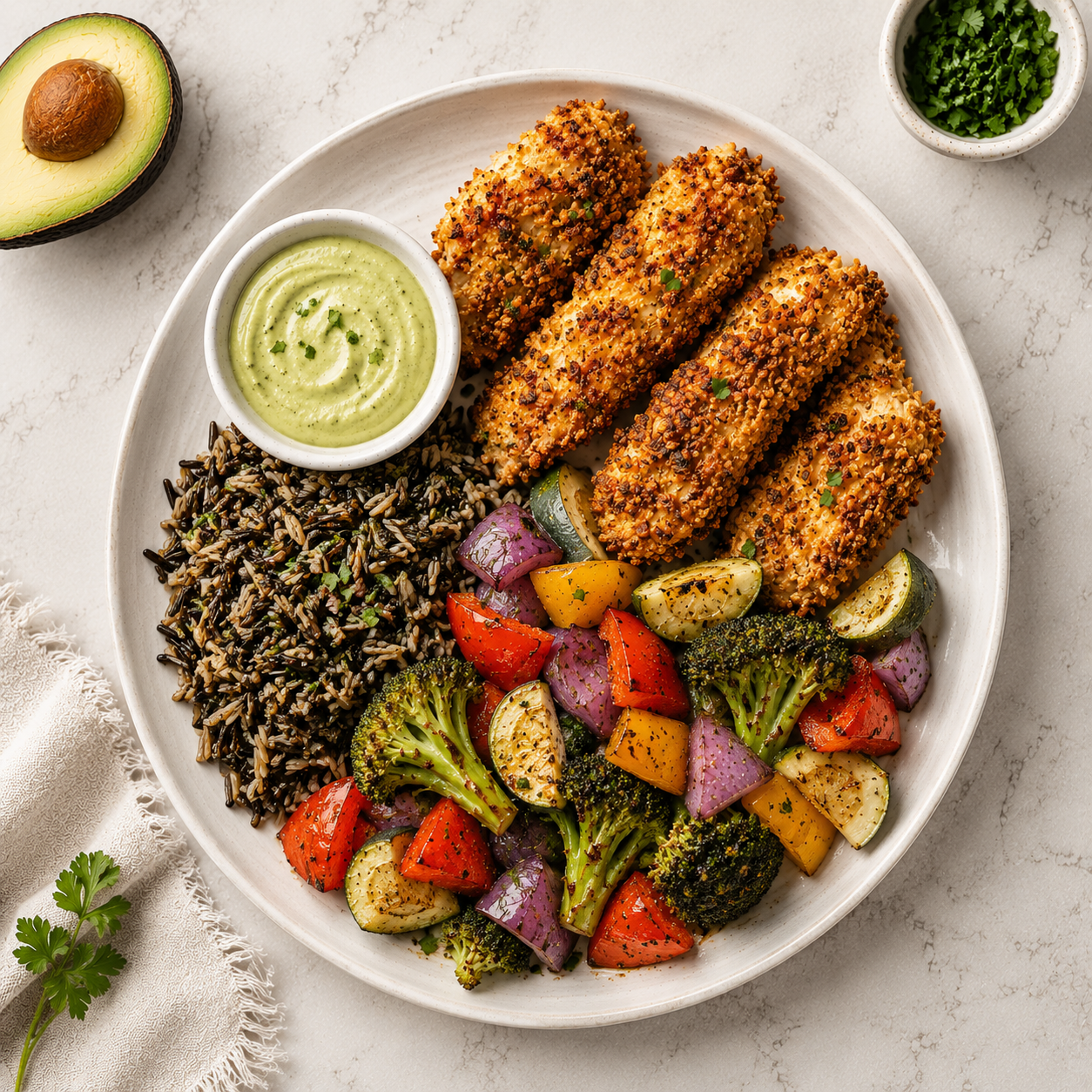 Chicken Fingers with Avocado Aioli & Roasted Vegetables Medley & Wild Rice