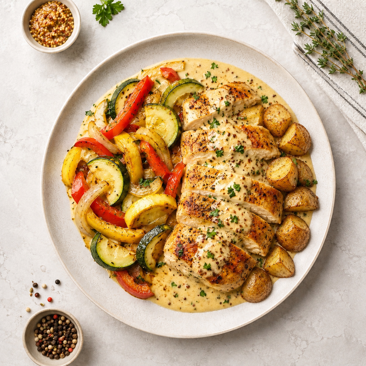 Creamy Golden Dijon Chicken with Vegetable Sauté & Roast Potatoes