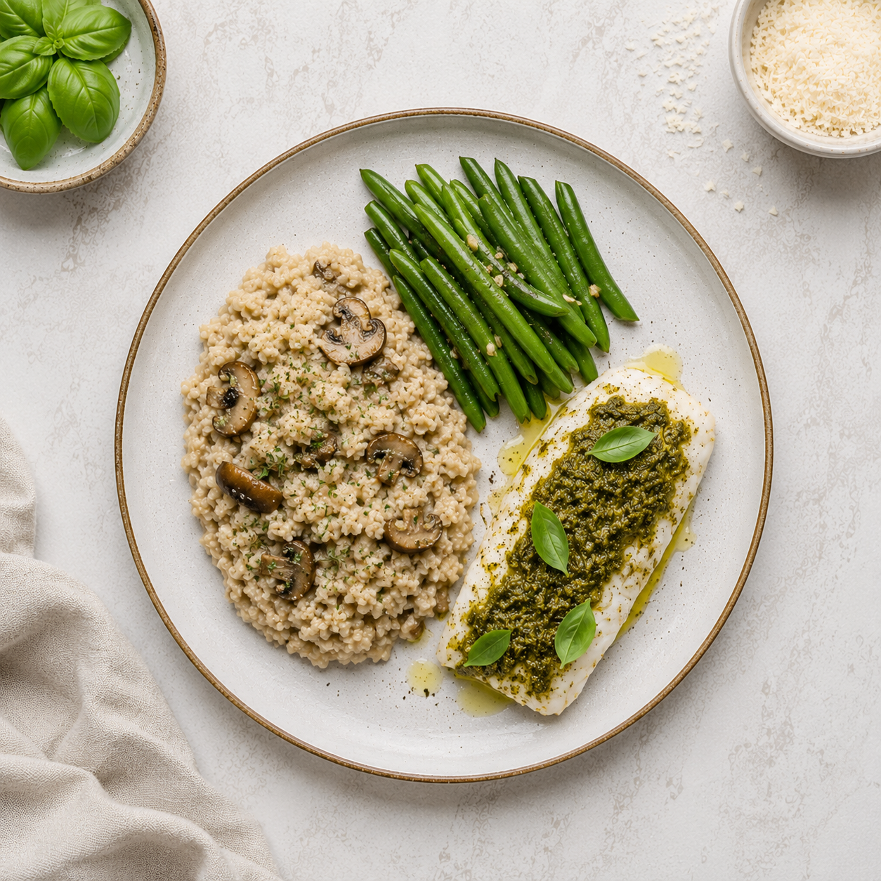 Pesto Cod with Mushroom Cauliflower Risotto