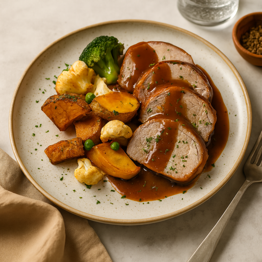 Pork Tenderloin with Broccoli, Roast Potatoes & Gravy