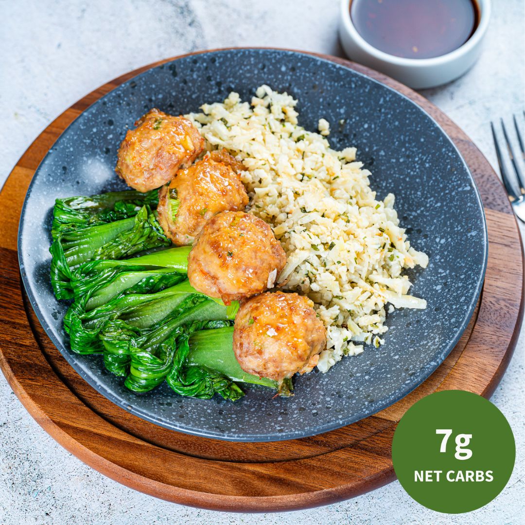 Asian Pork & Shrimp Balls with Sesame Bok Choy