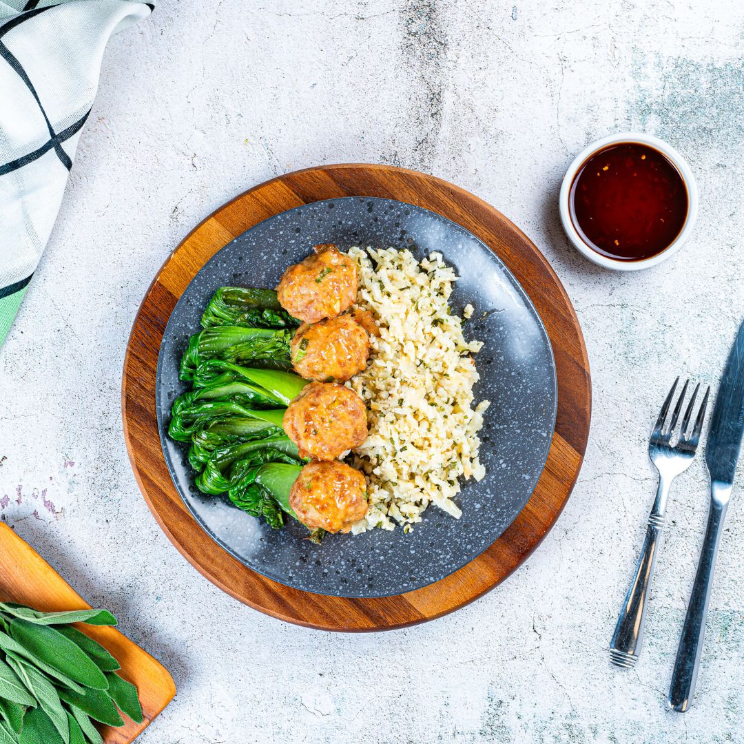 Asian Pork & Shrimp Balls with Sesame Bok Choy