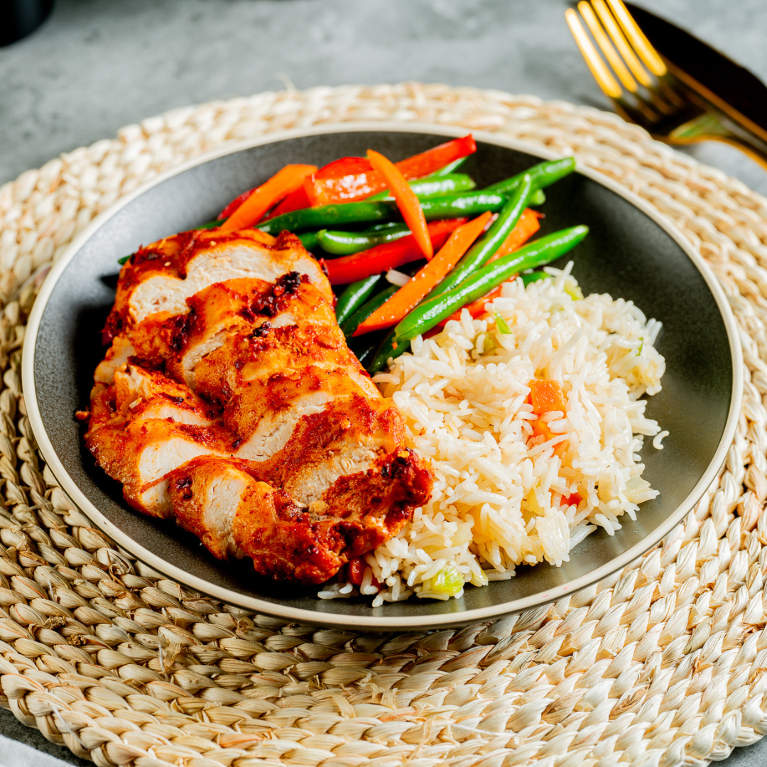 Sesame Chicken with Green Bean Sauté, Basmati Rice & Tahini