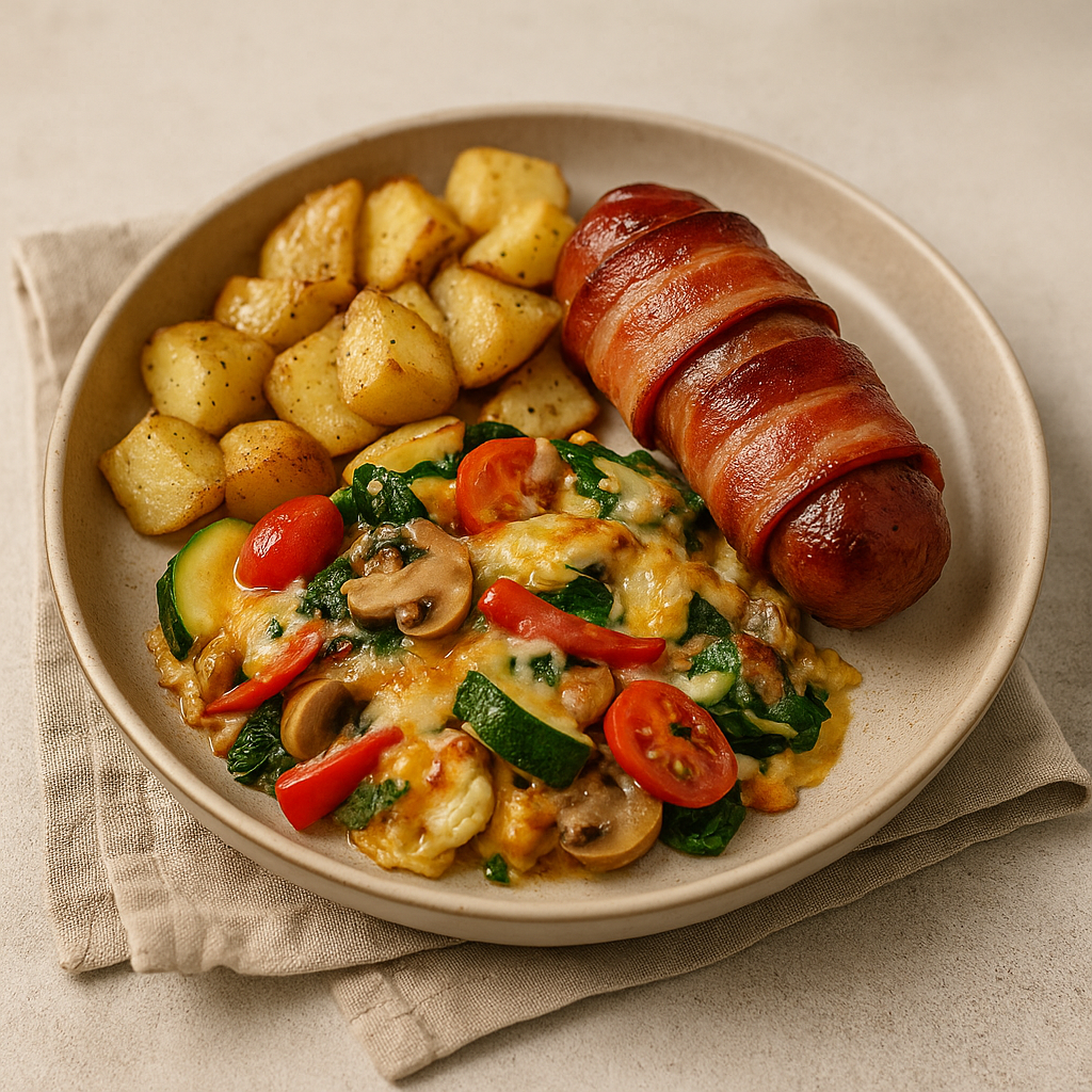 Bacon Wrapped Sausage with Cheesy Veg Stir-Fry & Roast Potatoes