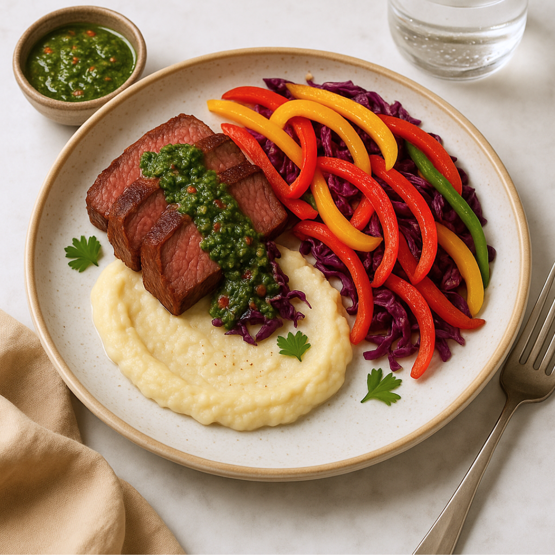 Flank Steak with Herbaceous Chimichurri, Vegetable Sautee & Creamy Cauliflower Purée