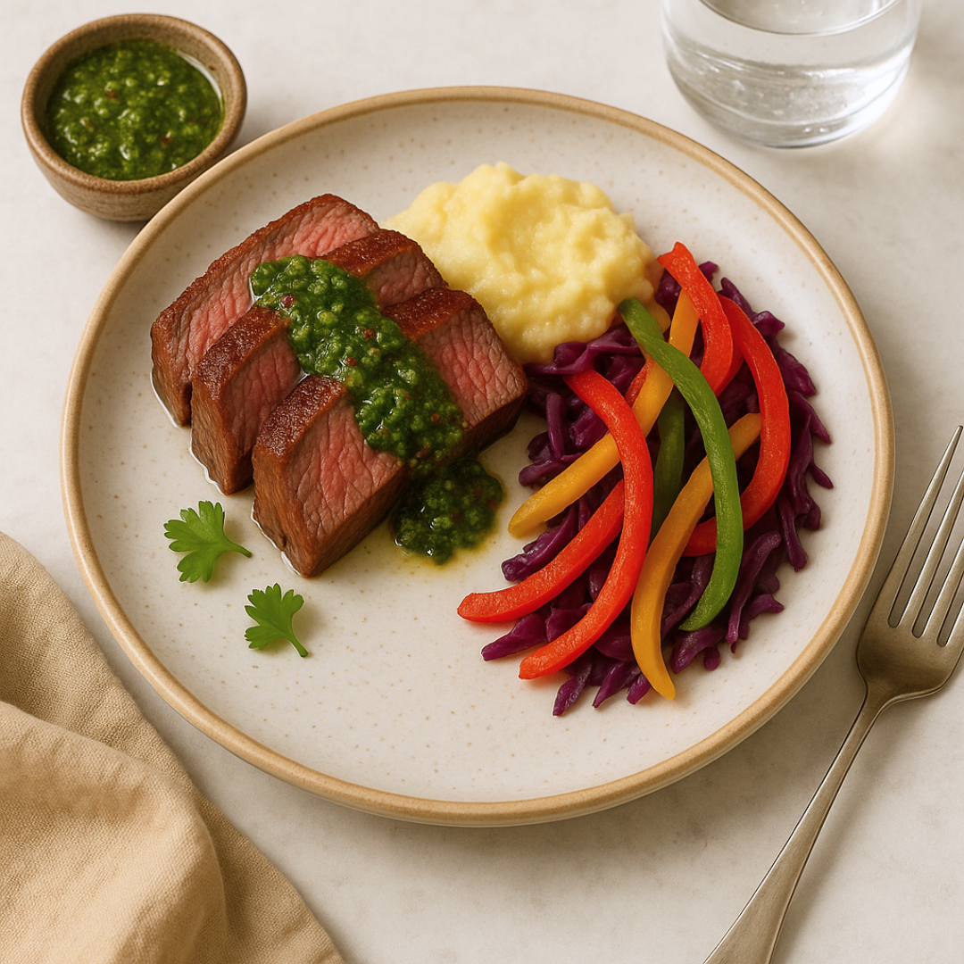 Flank Steak with Herbaceous Chimichurri, Vegetable Sautee & Mash Potato