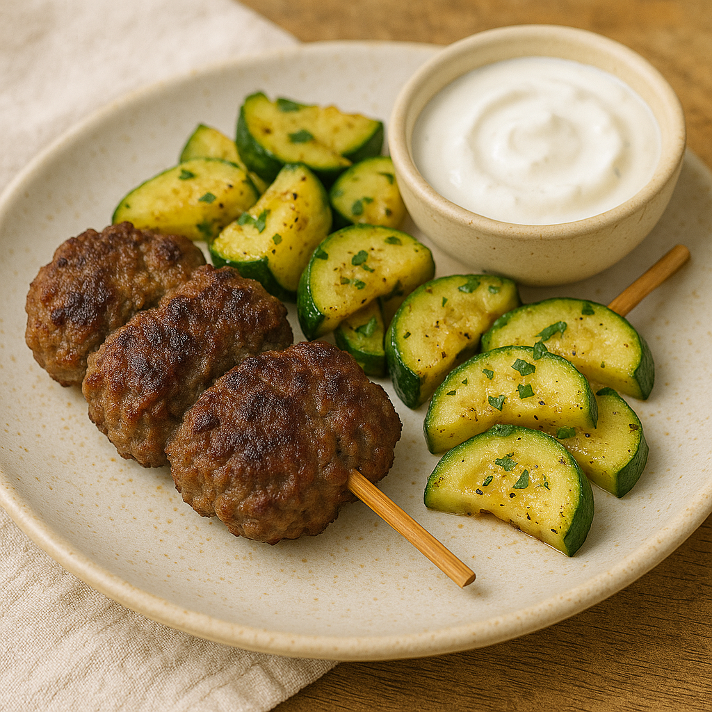 Smashed Beef Kebab & Zucchini Saute