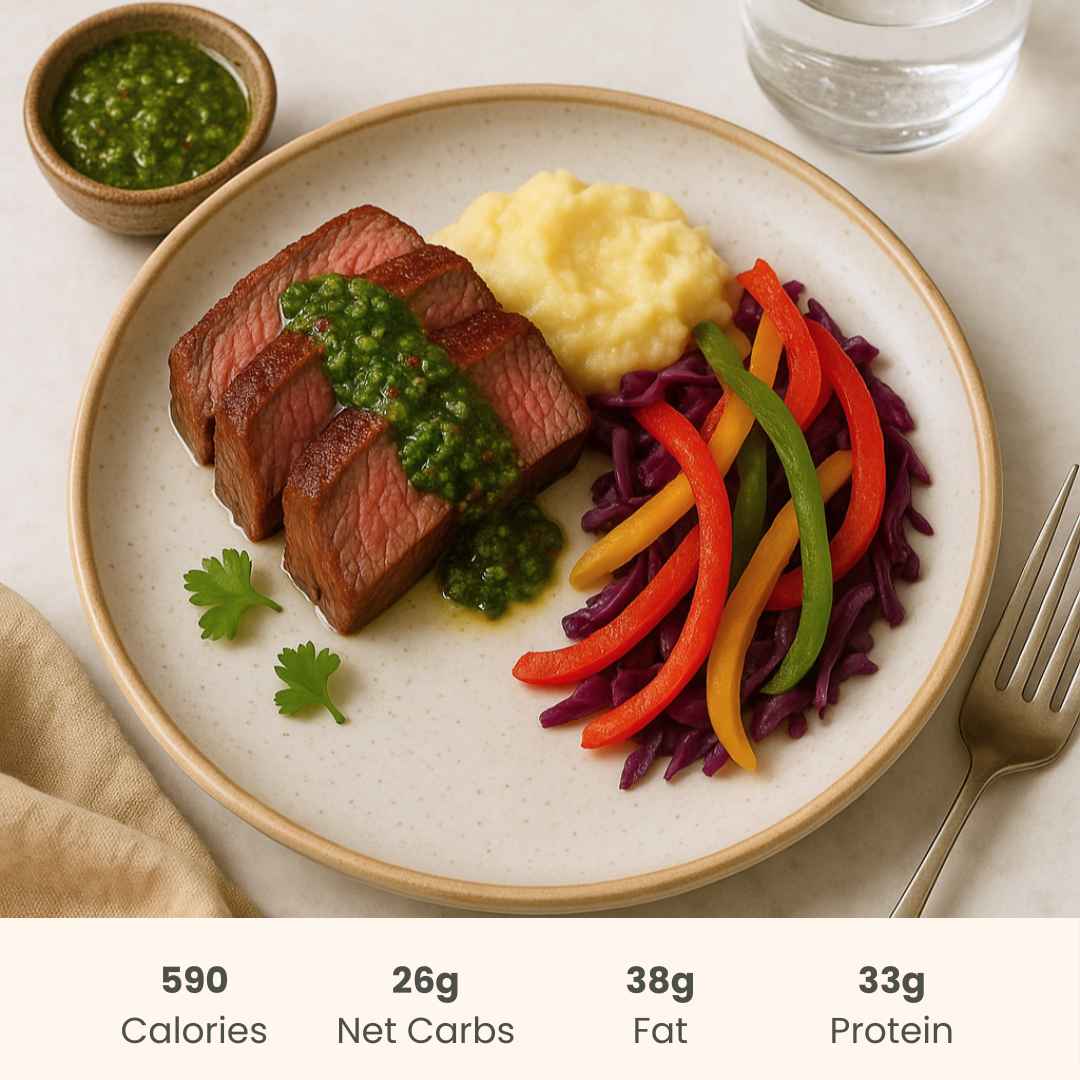 Flank Steak with Herbaceous Chimichurri, Vegetable Sautee & Mash Potato