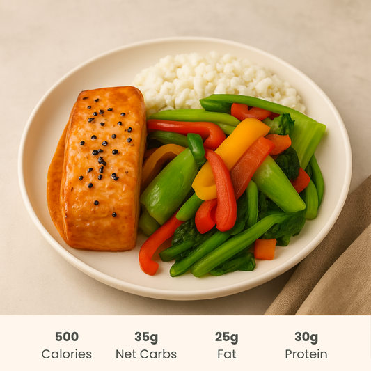 Teriyaki Salmon with Rice & Roasted Vegetables