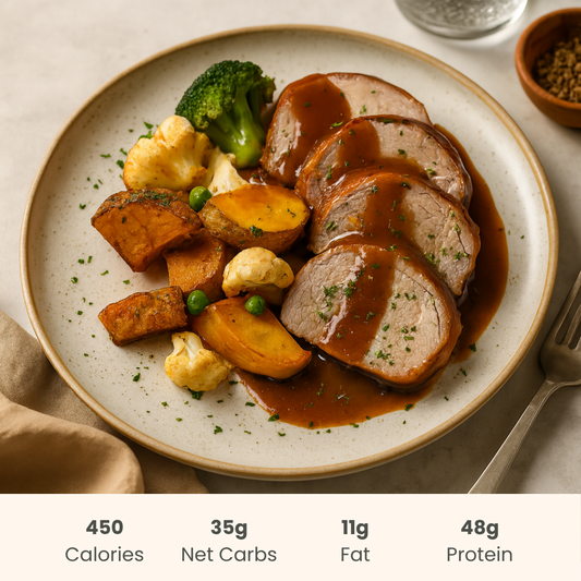 Pork Tenderloin with Broccoli, Roast Potatoes & Gravy