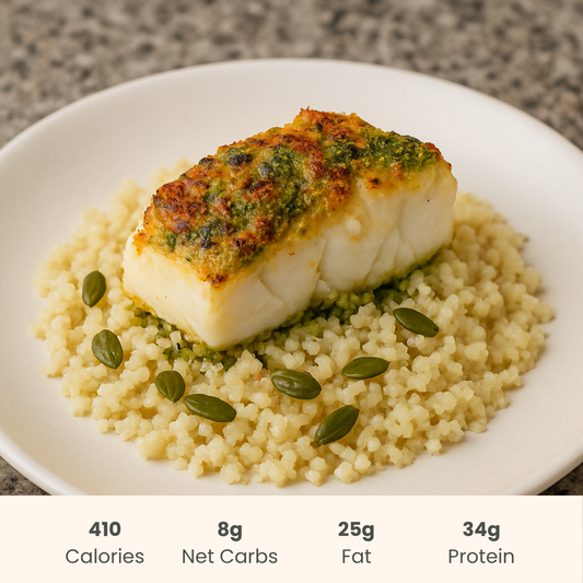 Pesto & Basil Cod with Cauliflower Rice and Pumpkin Seeds