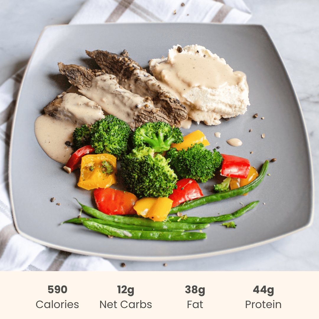 Peppercorn Steak with Vegetables & Creamy Cauliflower Purée - ketolibriyum