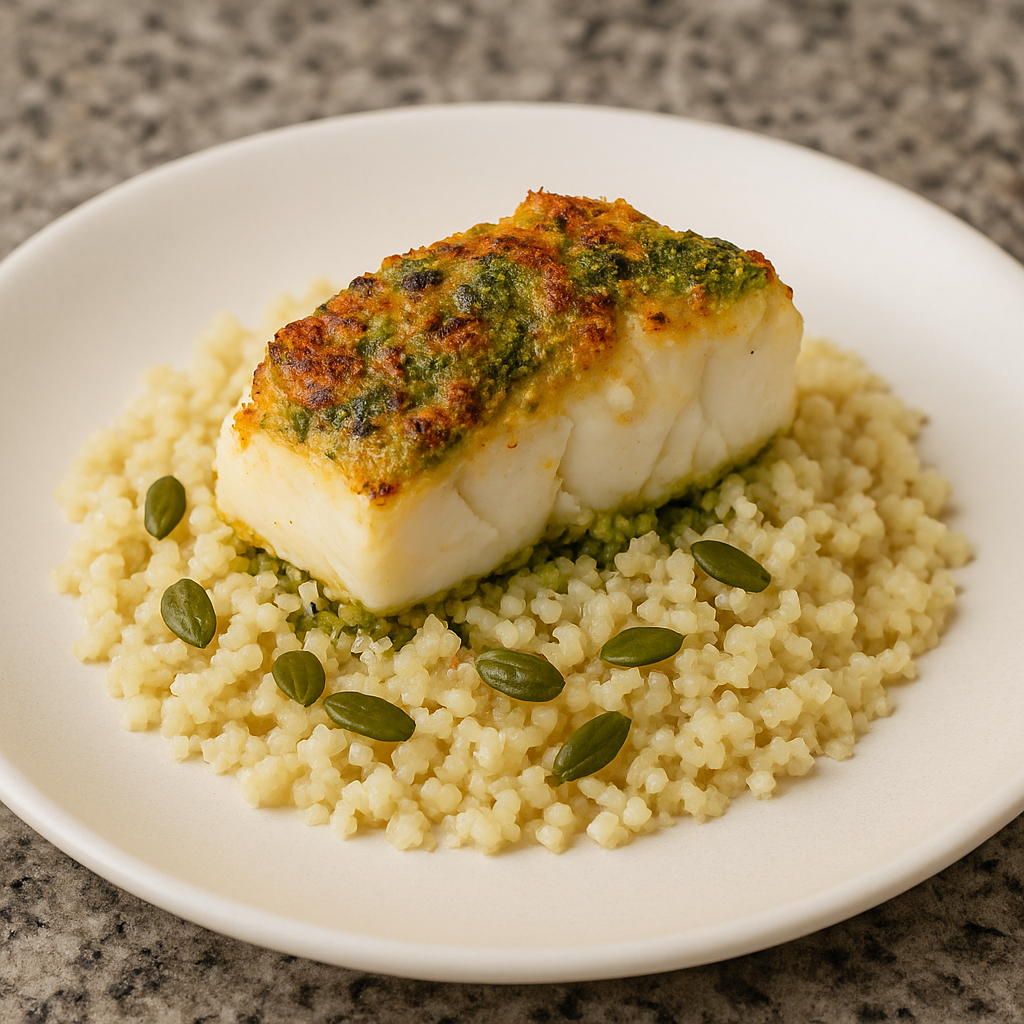 Pesto & Basil Cod with Cauliflower Rice and Pumpkin Seeds