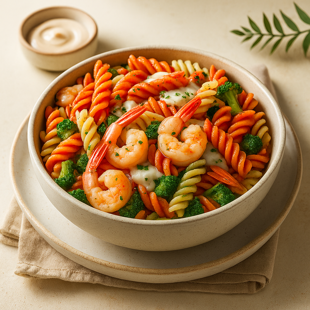 Creamy Shrimp Alfredo on Red Lentil Protein Pasta