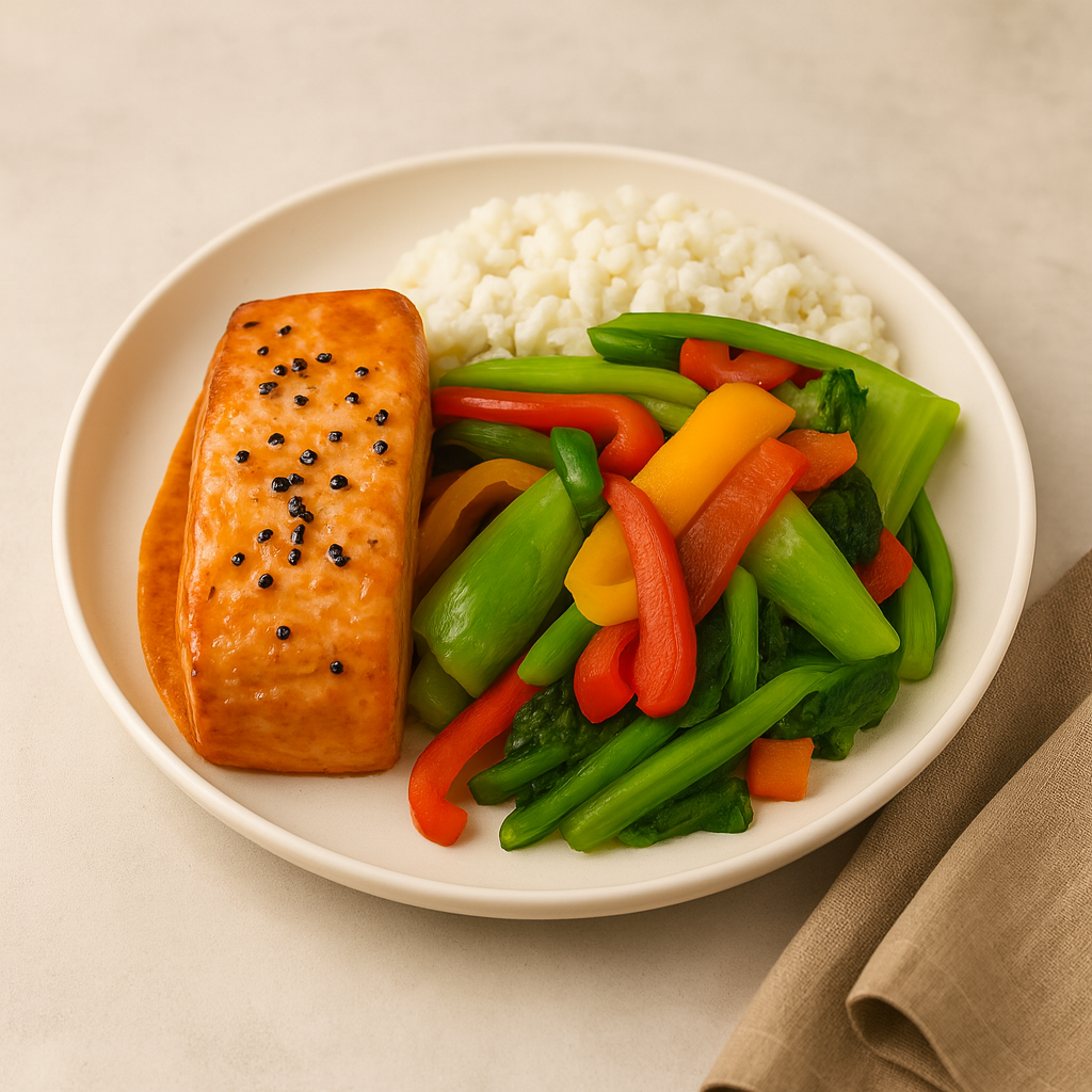 Teriyaki Salmon with Rice & Roasted Vegetables