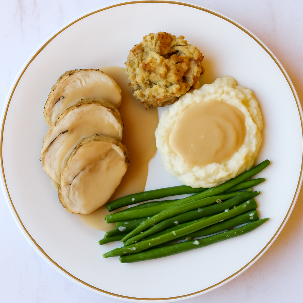 Classic Turkey Dinner with Stuffing & Mashed Potatoes