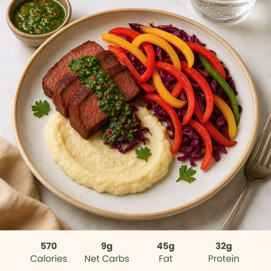 Flank Steak with Herbaceous Chimichurri, Vegetable Sautee & Creamy Cauliflower Purée