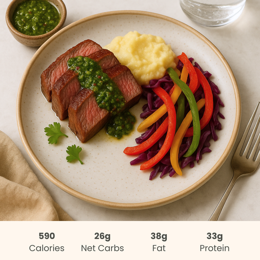 Flank Steak with Herbaceous Chimichurri, Vegetable Sautee & Mash Potato