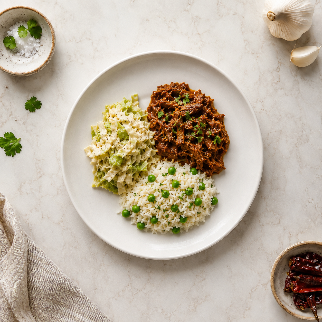 Pork Barbacoa with Rice & Peas & Creamy Cabbage
