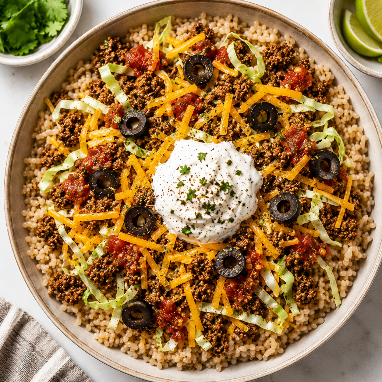 Beef Enchilada Bowl on Brown rice