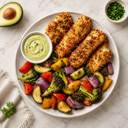 Chicken Fingers with Avocado Aioli & Roasted Vegetable Medley