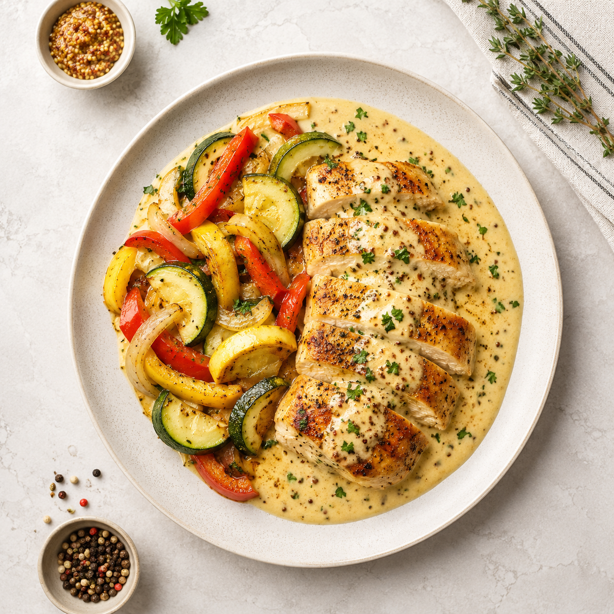 Creamy Golden Dijon Chicken with Vegetable Sauté