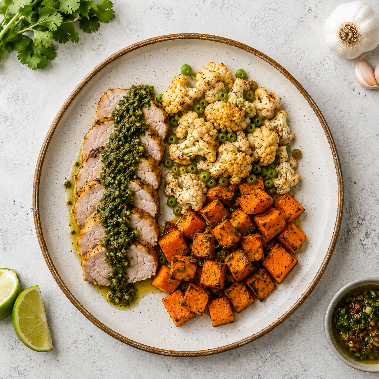 Cuban Pork Tenderloin with Chimichurri, Zesty Cauliflower & Sweet Potatoes