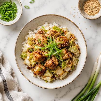 Ginger Scallion Chicken With Miso Tahini Roasted Cabbage & Golden Jasmine Rice