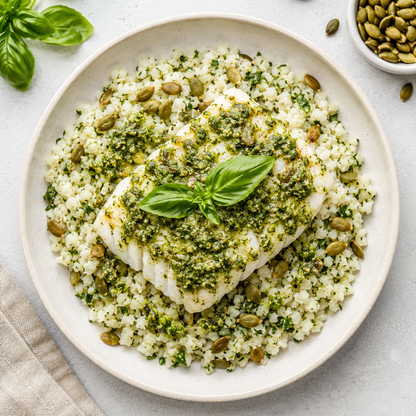 Pesto & Basil Cod with Cauliflower Rice and Pumpkin Seeds