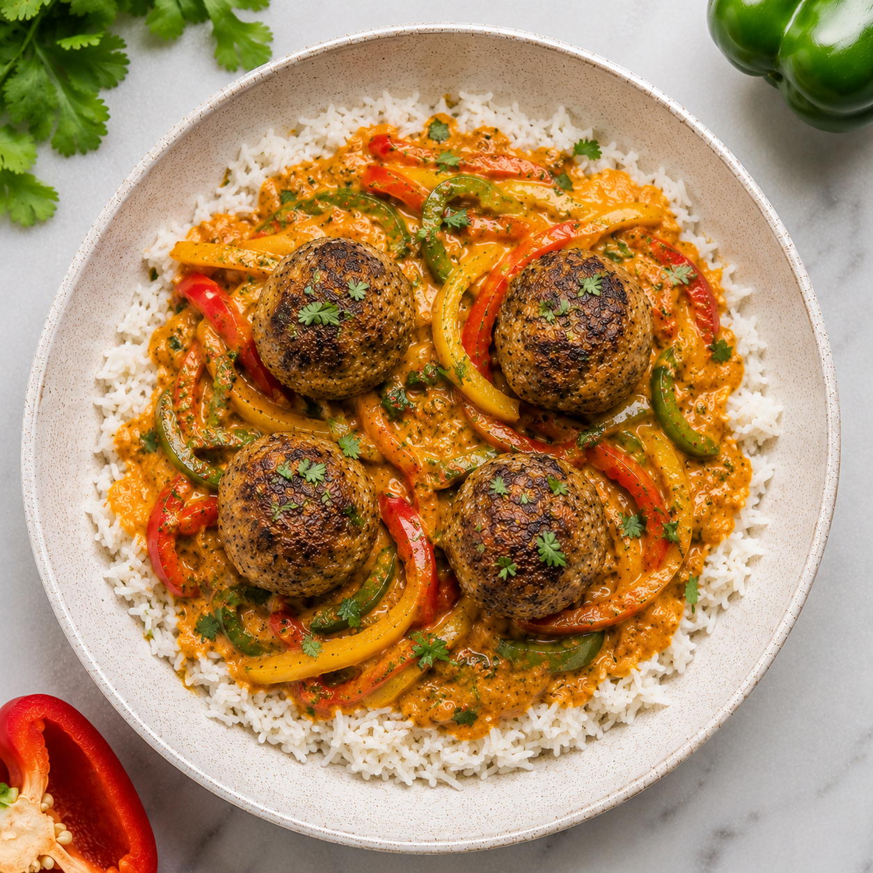 Red Curry Chicken Meatballs on Jasmine Rice