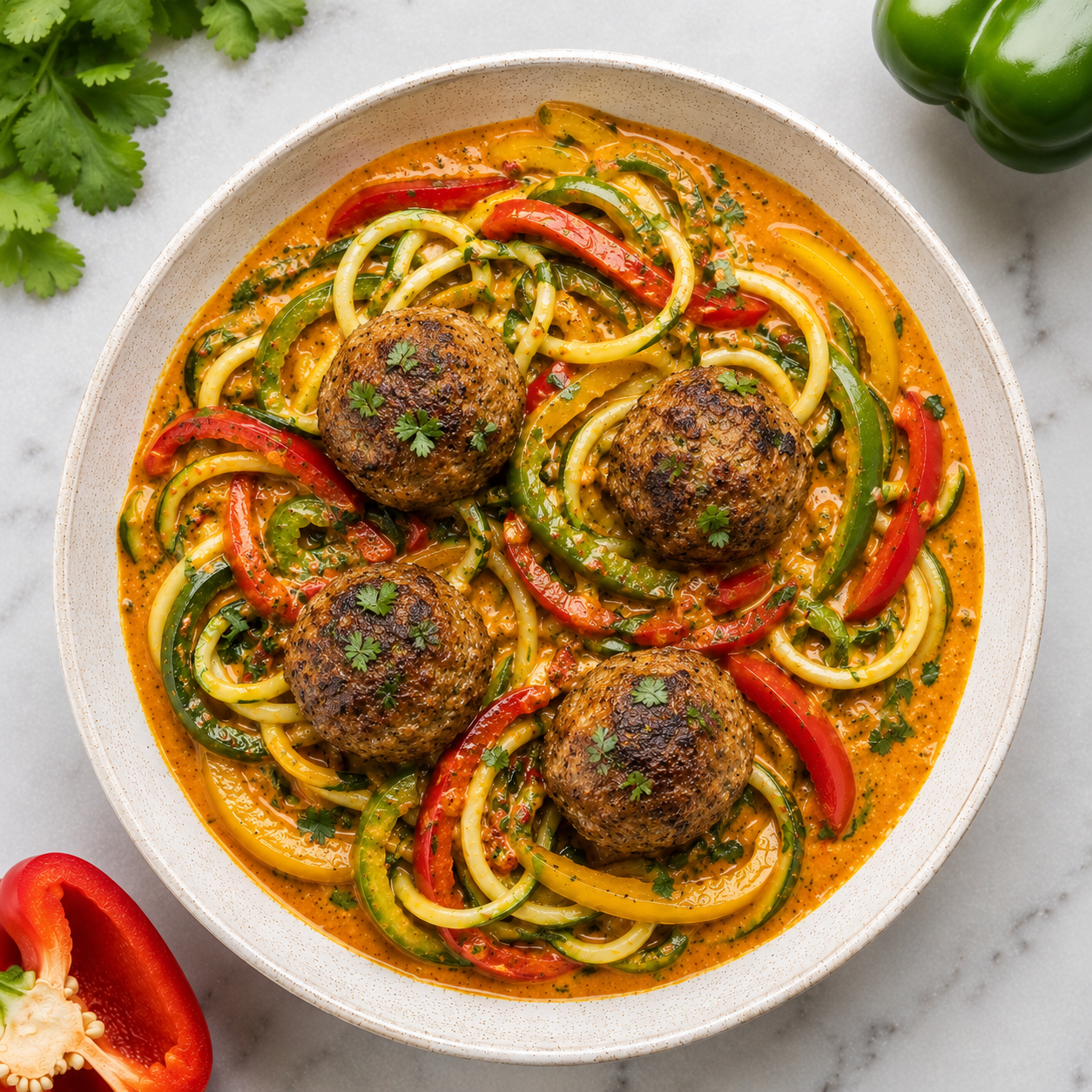 Red Curry Chicken Meatballs on Zucchini Noodles