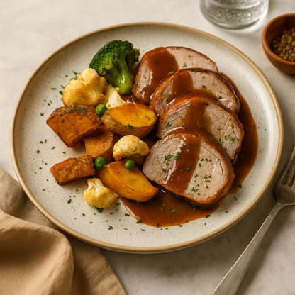 Pork Tenderloin with Broccoli, Roast Potatoes & Gravy