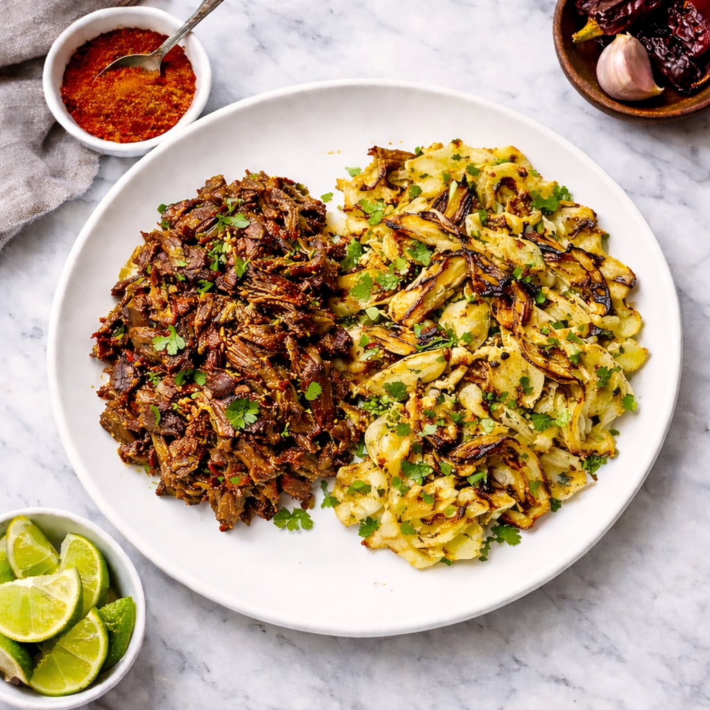 Smoky Ancho Barbacoa Shredded Beef with Roasted Cabbage