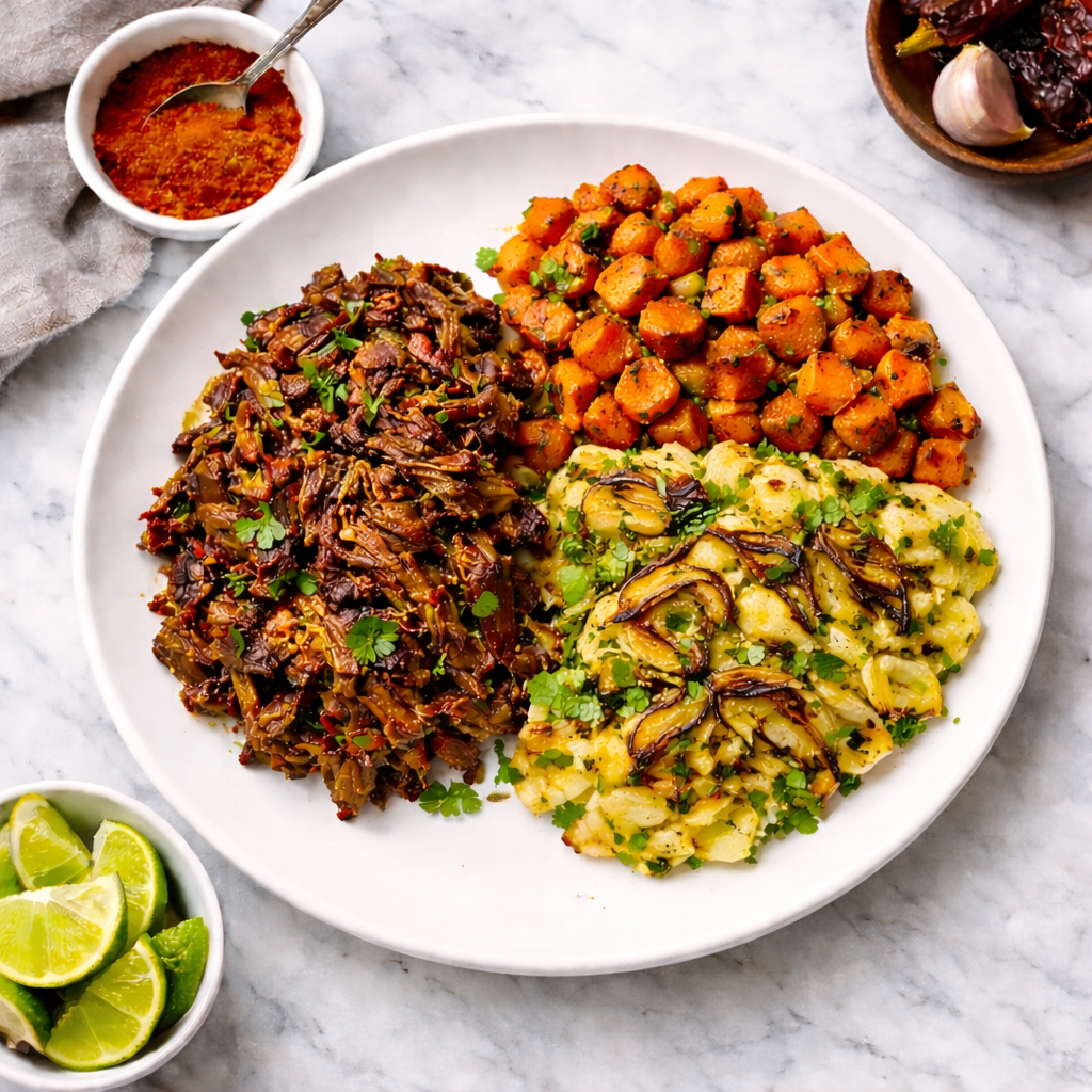 Smoky Ancho Barbacoa Shredded Beef with Roasted Cabbage & Sweet Potatoes