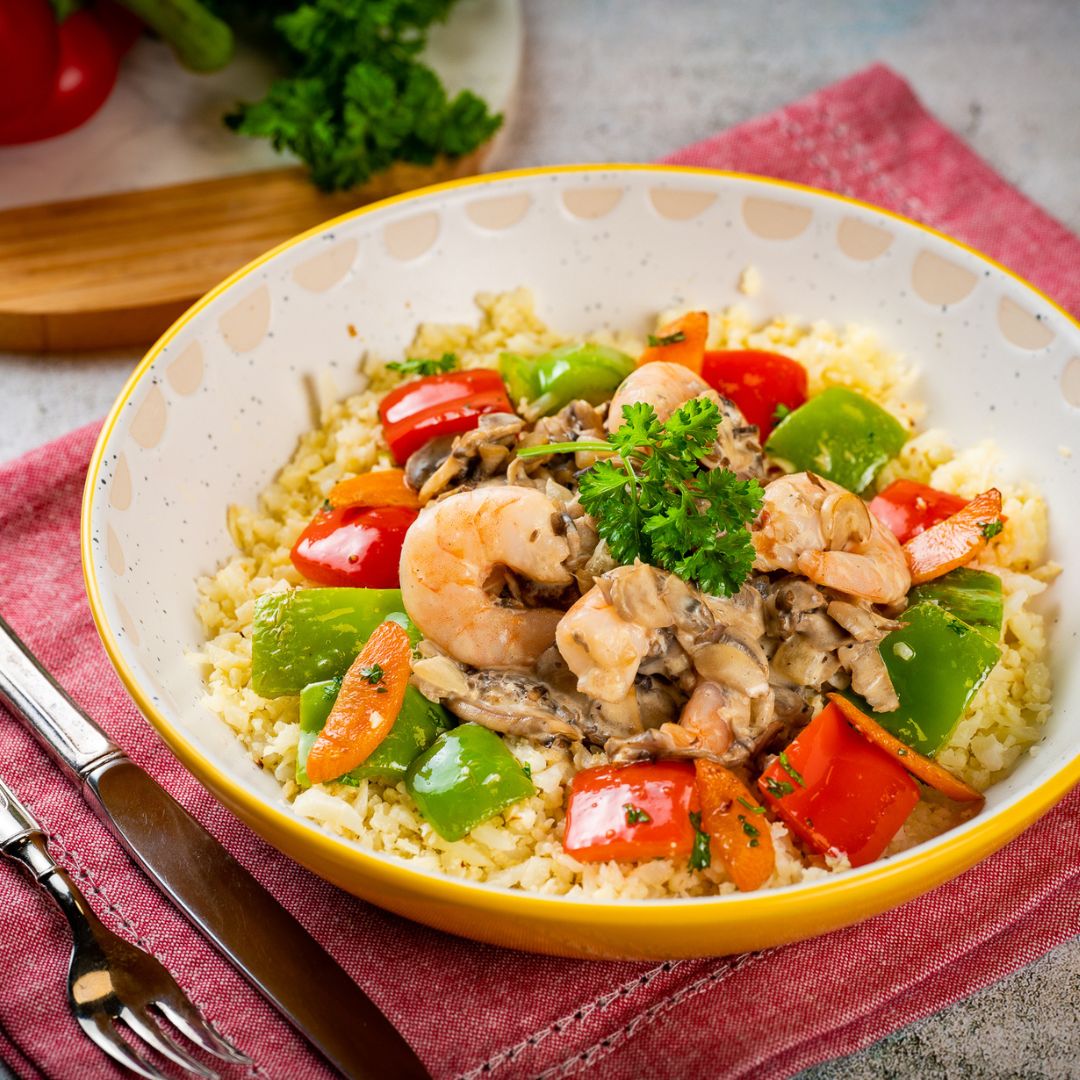 Spicy Shrimp Stir Fry on Cauliflower Rice