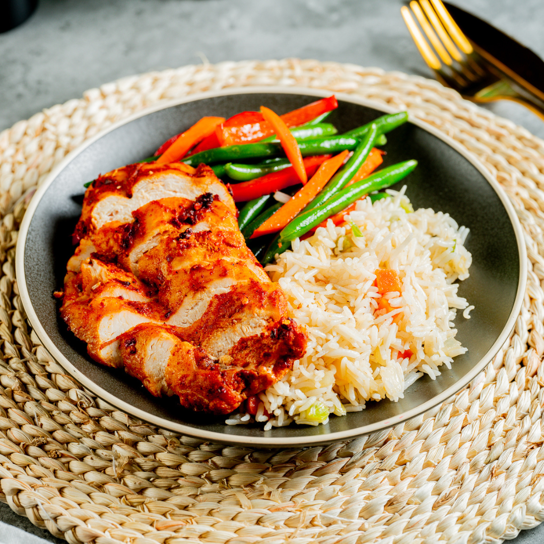 Sesame Chicken with Green Bean Saute, Basmati Rice & Tahini