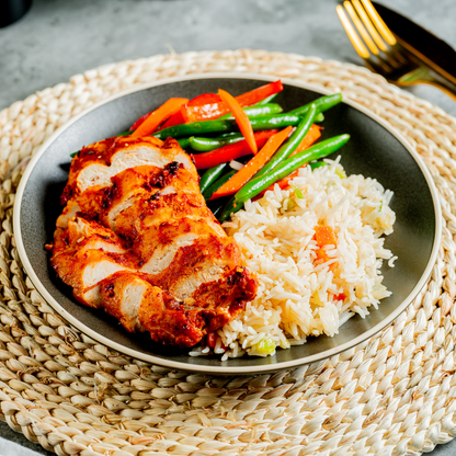 Sesame Chicken with Green Bean Sauté, Basmati Rice & Tahini