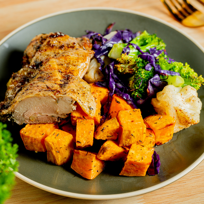 Herb Grilled Chicken With Balsamic Glazed Vegetable Medley & Sweet Potato
