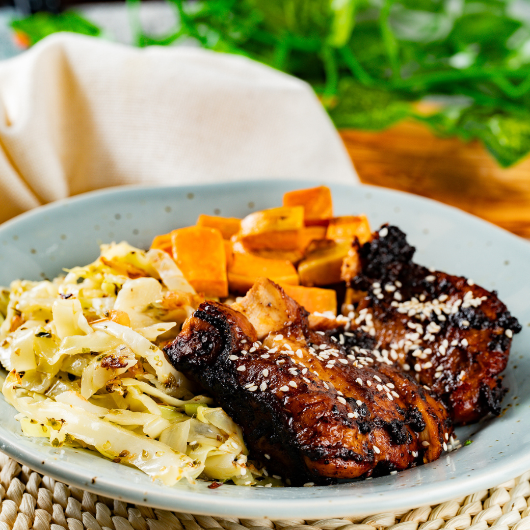 Buffalo Chicken with Chipotle Mayo, Roasted Cabbage & Sweet Potatoes