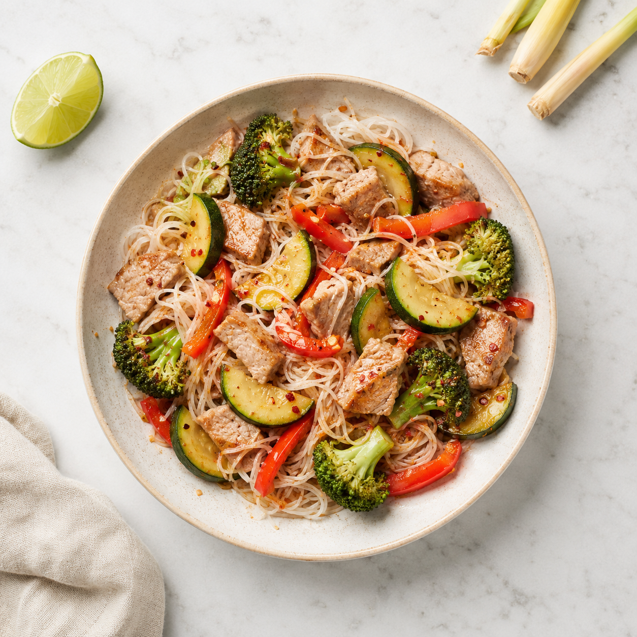Vietnamese Lemongrass Pork Tenderloin & Zucchini on Rice Noodles