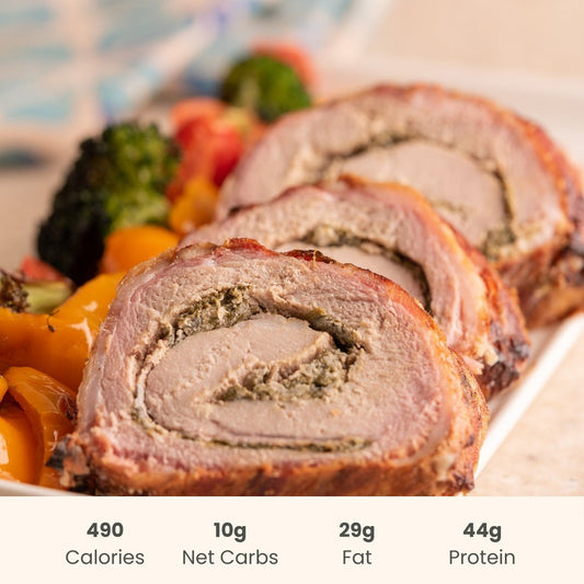 Bacon Wrapped Stuffed Pork Tenderloin with Sautéed Vegetables - ketolibriyum