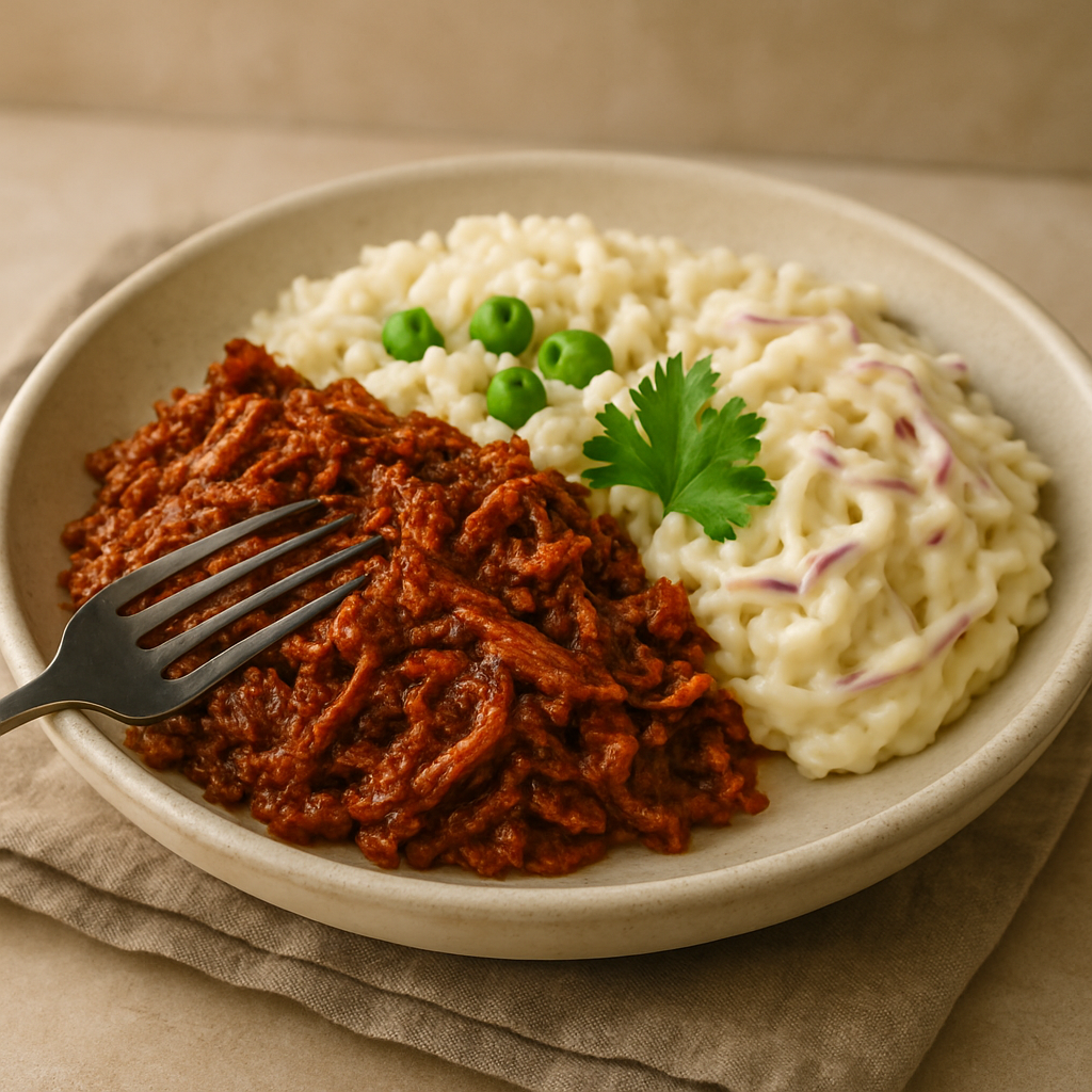 Pork Barbacoa with Rice & Peas & Creamy Cabbage