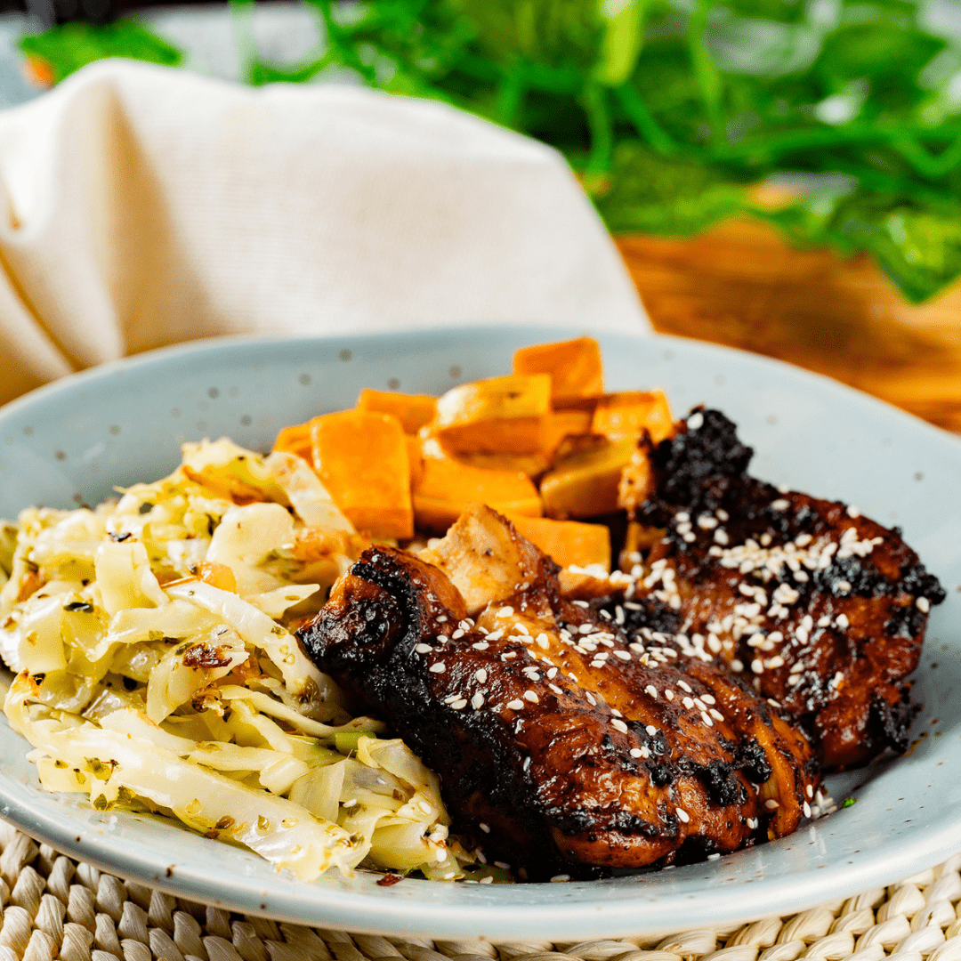 Buffalo Chicken with Chipotle Mayo, Roasted Cabbage & Sweet Potatoes - ketolibriyum