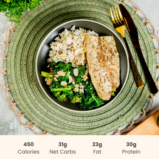 Italian Herb Basa with Roasted Broccoli and Kale and Wild Rice
