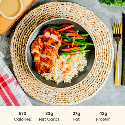 Sesame Chicken with Green Bean Sauté, Basmati Rice & Tahini
