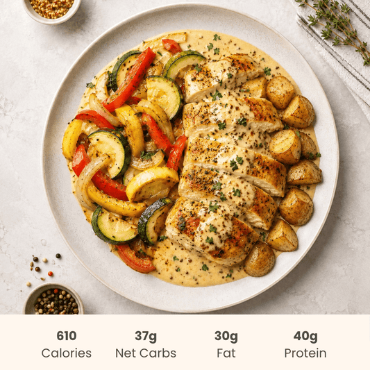 Creamy Golden Dijon Chicken with Vegetable Sauté & Roast Potatoes - ketolibriyum