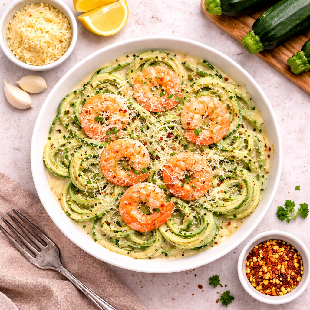 Creamy Shrimp Alfredo on Zucchini Noodles - ketolibriyum