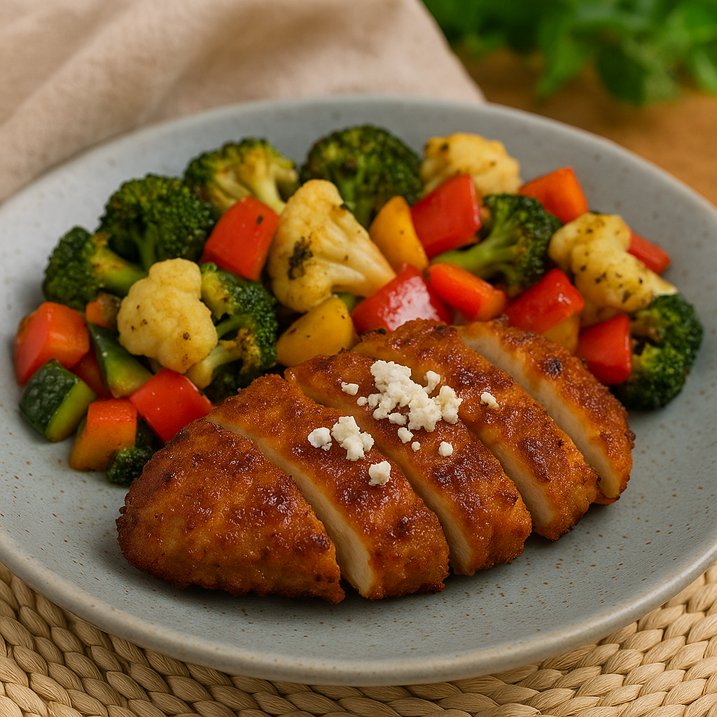 Crispy Hot Honey Feta Chicken with Vegetable Medley Saute