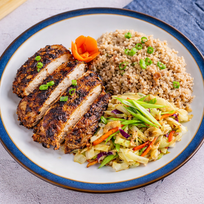 Jerk Chicken with Stir Fry Cabbage & Rice & Peas