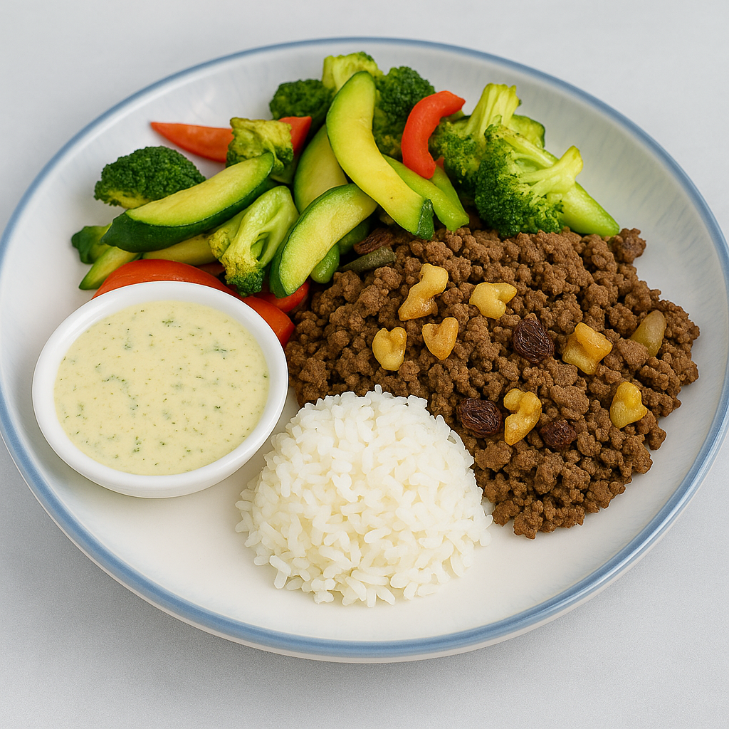 Smashed Beef Kebab & Zucchini Saute & Rice